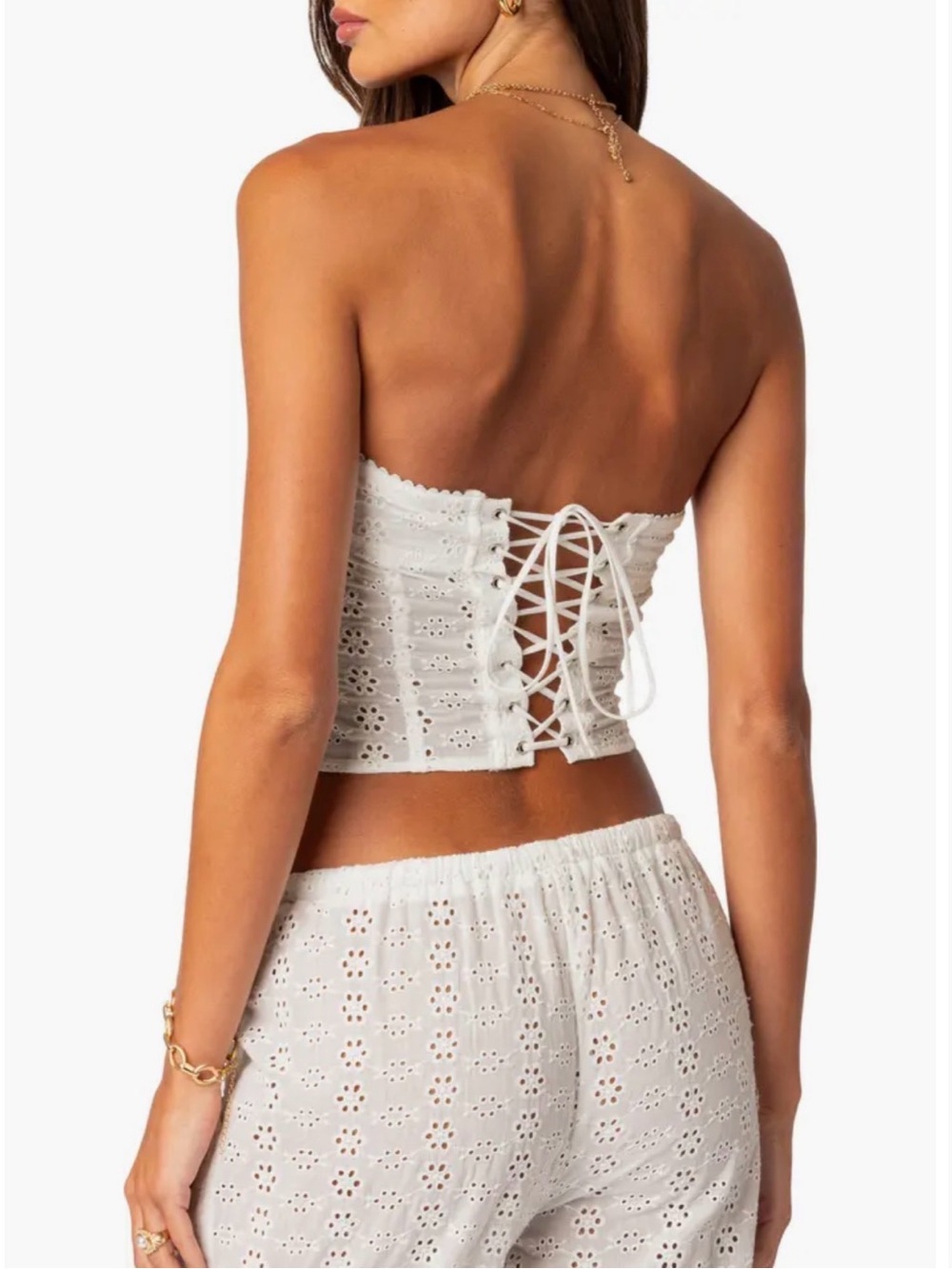 edikted y2k white eyelet lace up corset tube top